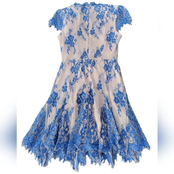 ✨️HP✨️Bebe Valorie Lace Godet Dress - Blue & Nude Size 6 - Picture 5 of 8